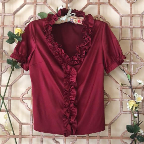The Limited Tops - The Limited Maroon ruffle short sleeves blouse